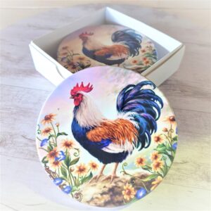 colourful roosters boxed gift set coasters