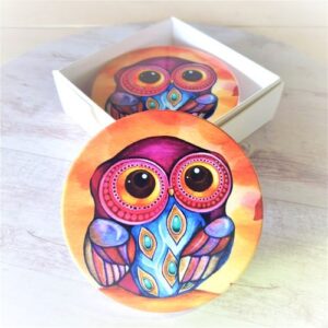 colourful owl boxed set of 4 coasters
