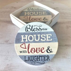 Bless this house with love and laughter boxed coaster set