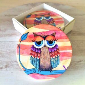 colourful owl on branch boxed gift coasters