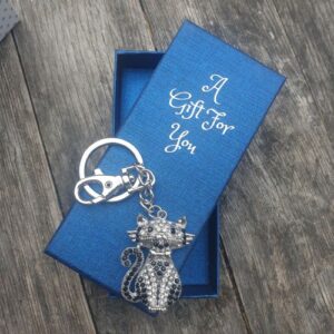 cat keychain black & silver cat keyring boxed gift